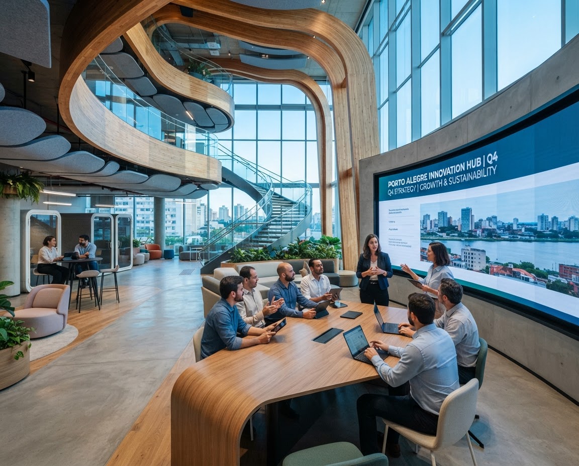 Sala de reunião com telas e vista para a cidade