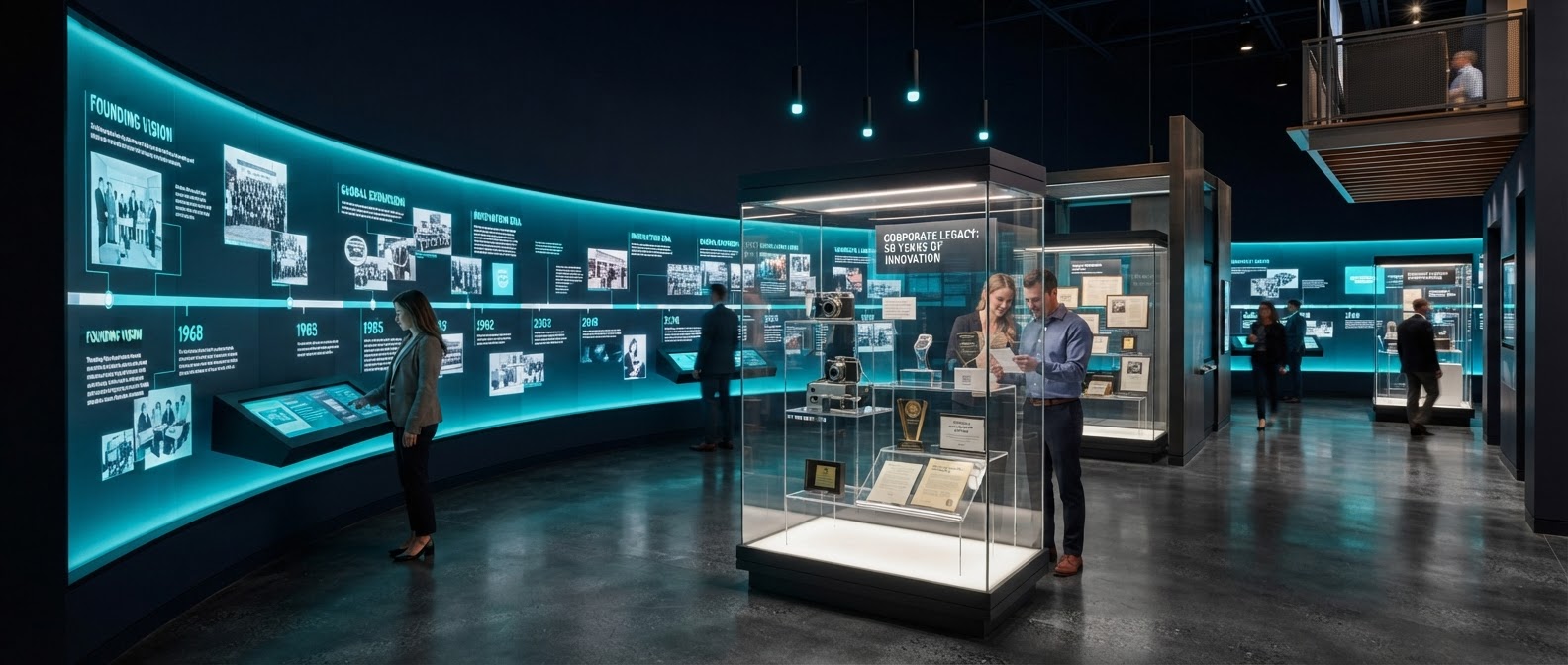 Exposição museográfica com vitrines e painéis iluminados