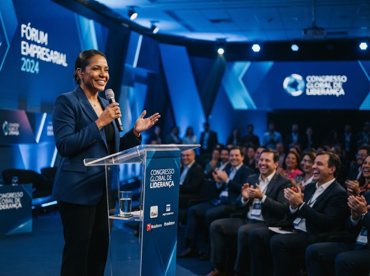 Palestrante no palco do Fórum Empresarial 2024