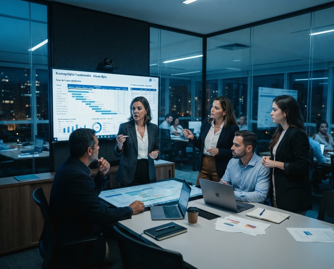 Equipe em reunião analisando gráficos em um escritório